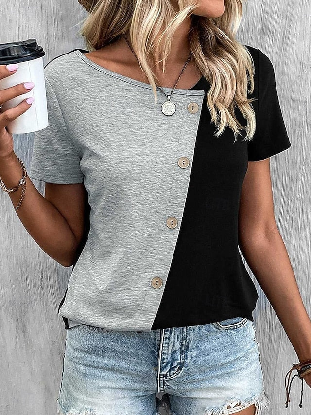 Women's T Shirt Buttons Casual Short Sleeve Asymmetric Neck