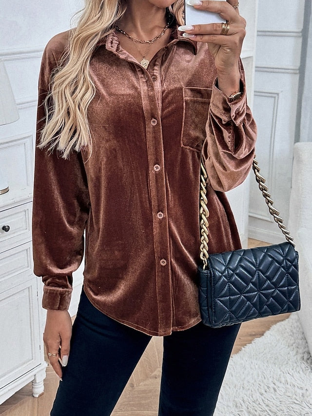 Women's Dress Shirt Button Up Shirt Blouse Velvet Blouse