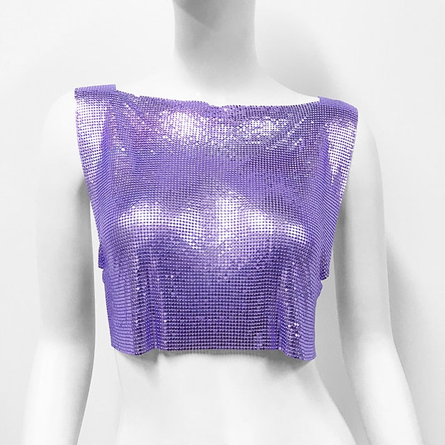 Metallic Sparkle Sexy Crop Tank Top Disco Solid Color Fancy