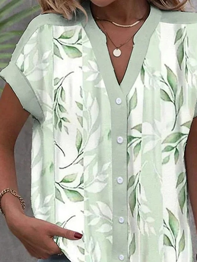 Women's Shirt V Neck Button Down Blouse Summer Tops Floral