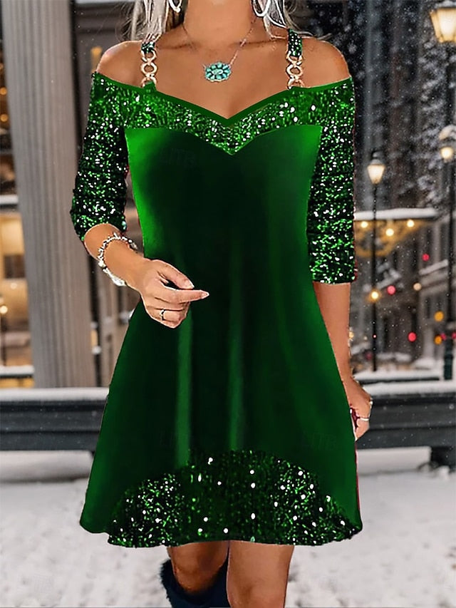Women's Velvet Dress Sequin Mini Dress Cold Shoulder Party