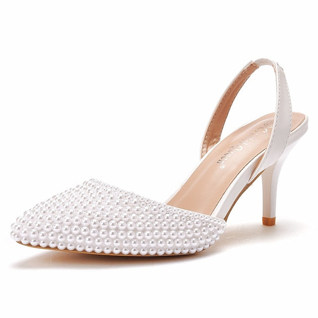 Heels Women's White Pearl Slingback – Embellishments with