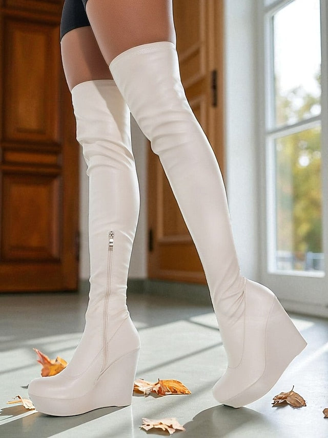 Women's Knee the - Black Heel Faux Wedge Over Boots Leather