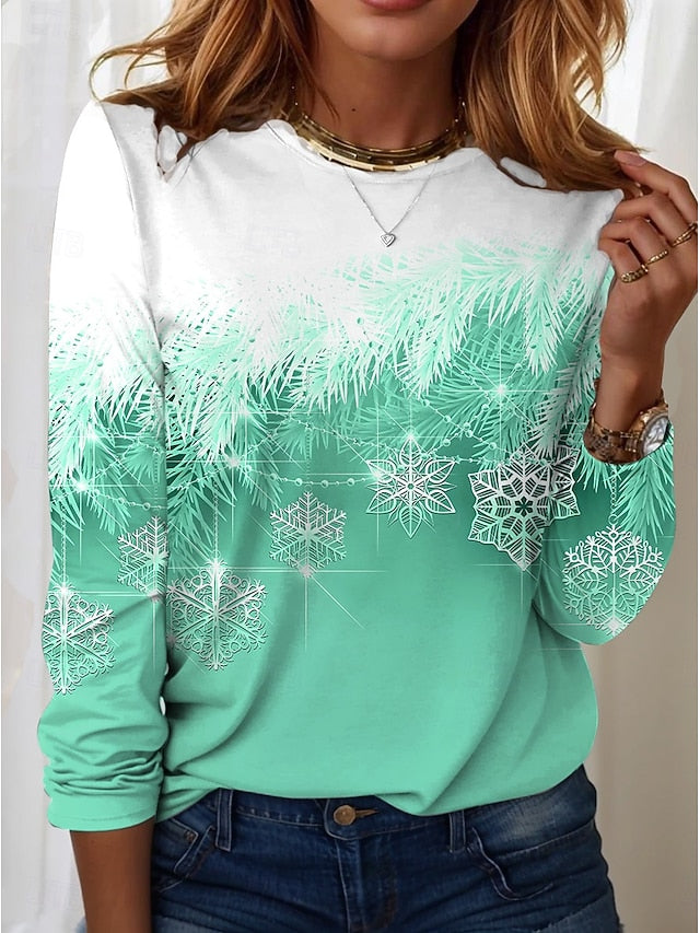 Women's T-Shirt Winter Snowflake Print Blue Gradient Casual