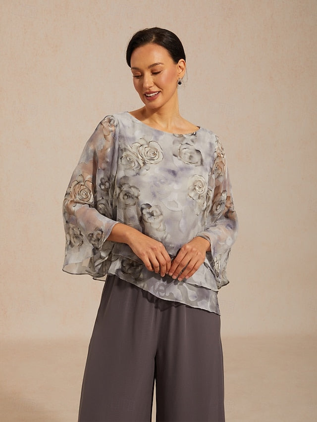 Women's Chiffon Tops Lace up Floral Elegant 3/4 Length