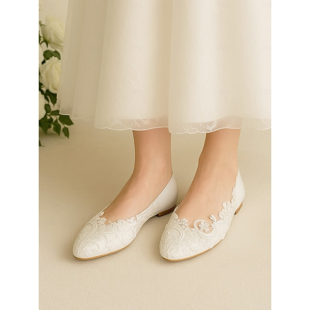 Embroidered Ballet Women's Vintage Lace – White Flats