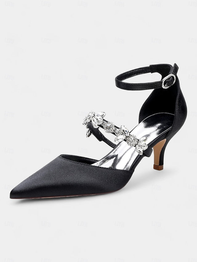 Black - Rhinestone Embellishments with Heels Women's Satin