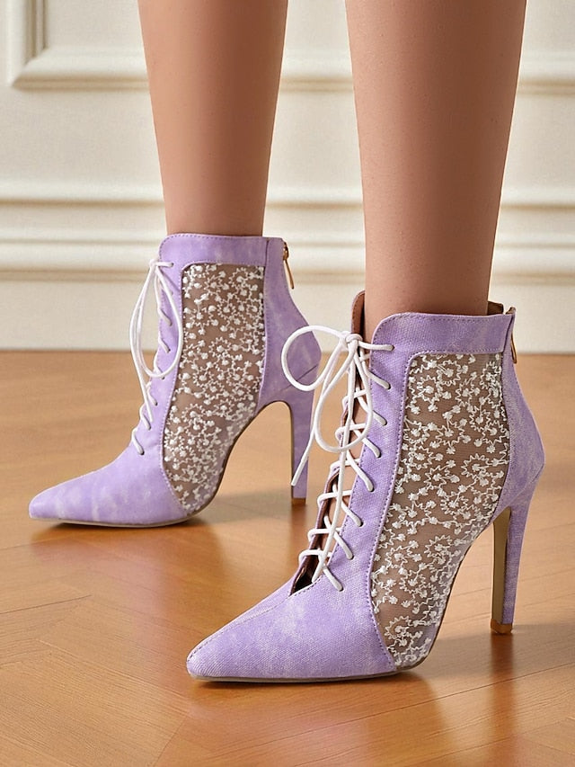 Heels Women's Stiletto Booties Mesh with White Lace Ankle