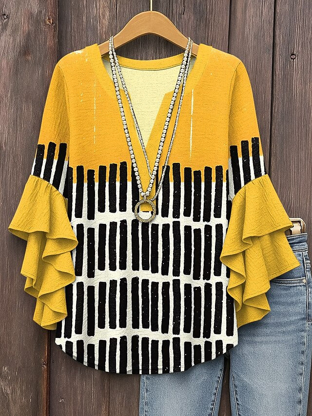 Women's Blouse V Neck Graphic Geometric Striped Elegant