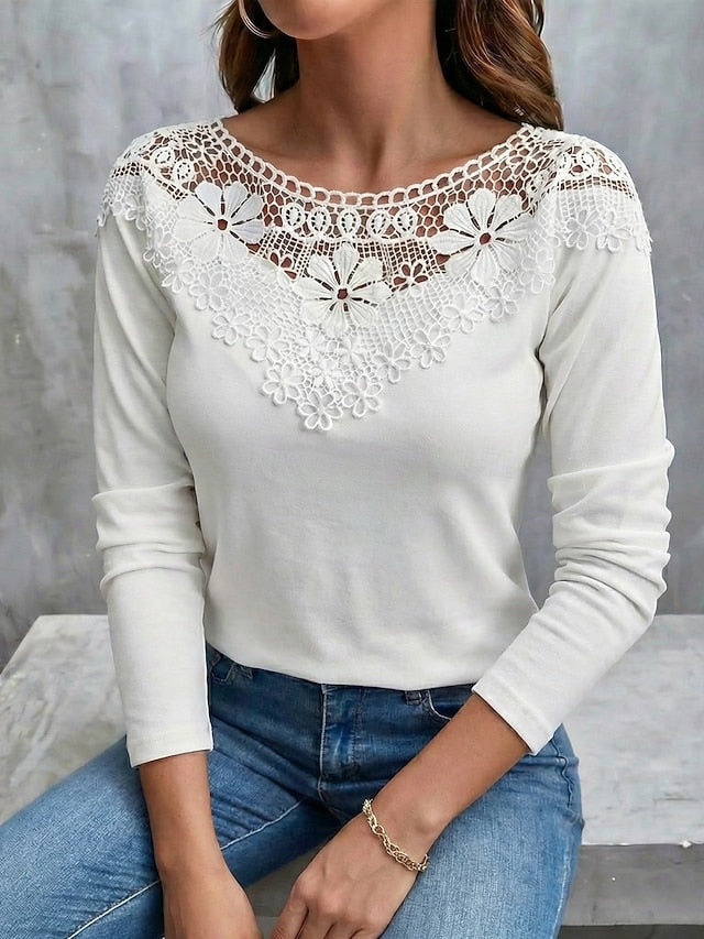 Women's T Shirt Lace T-shirt Tee Top Lace Patchwork Plain