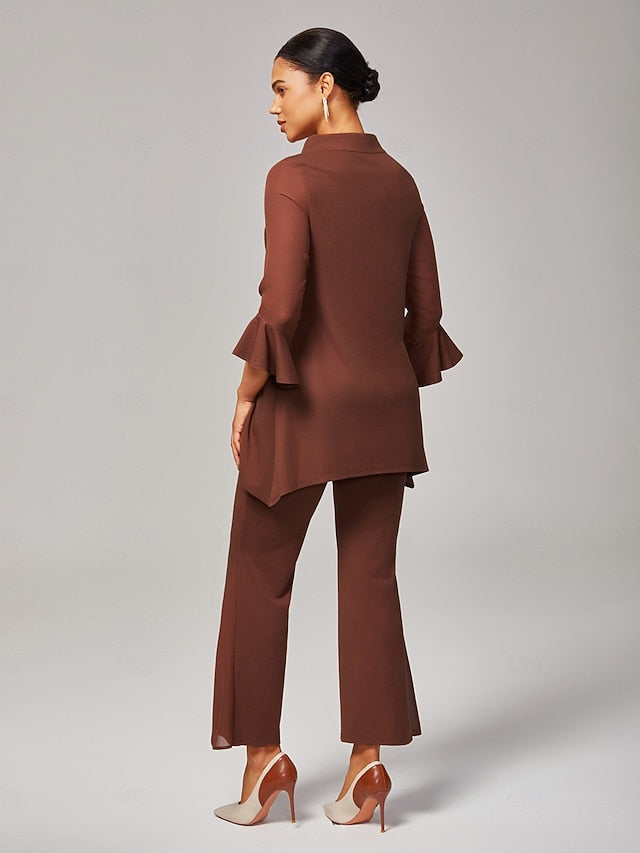 Women's Blouse Coffee Brown Chiffon Modal Slim Fit Sheer