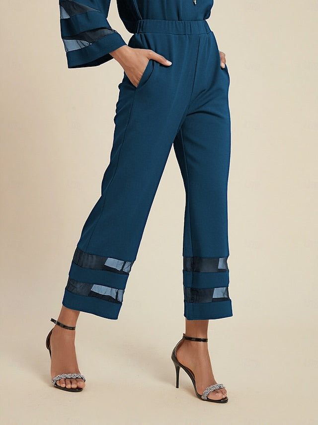 Women's Top Blue Crew Neck Long Sleeve 3/4 Length Sleeve