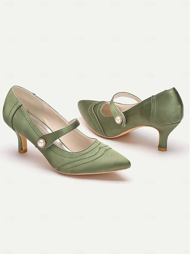 Jane Button Satin - with Heels Pearl Green Mary Elegant