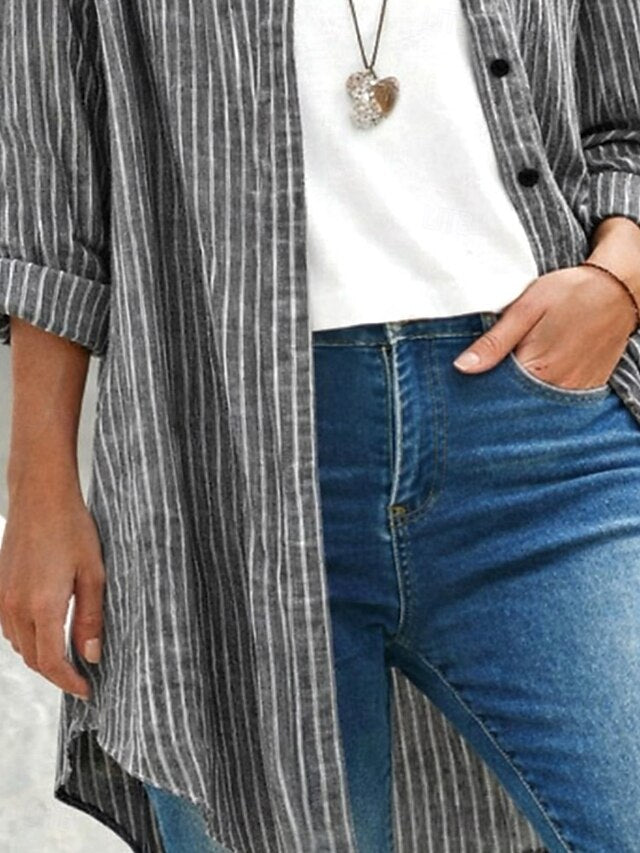 Women's Blouse Buttons Print Striped Vintage Stylish Casual