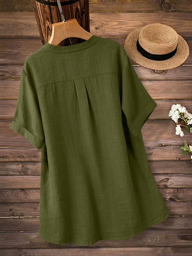 Women's Blouse Faux Linen Shirt Buttons Solid Color Daily