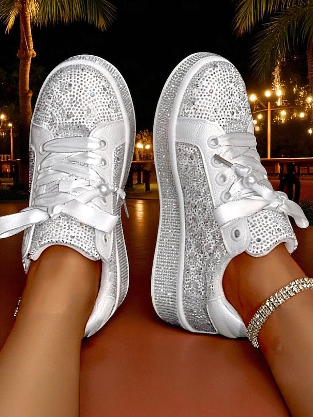 Rhinestone Lace-Up Glamorous Women's Sparkly Sneakers -