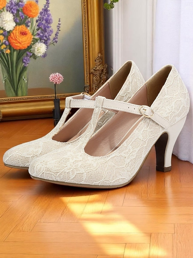 Ivory Heel Women's Mid Vintage Lace T-Strap Pumps-1920s
