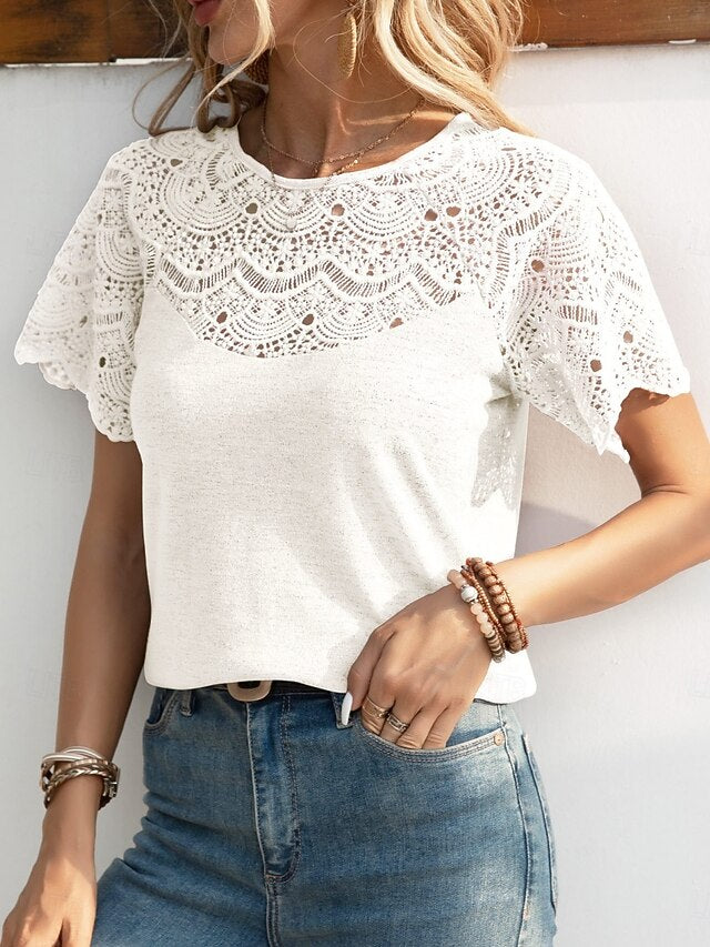 Women's Lace Tops Lace Patchwork Solid Color Stylish Casual