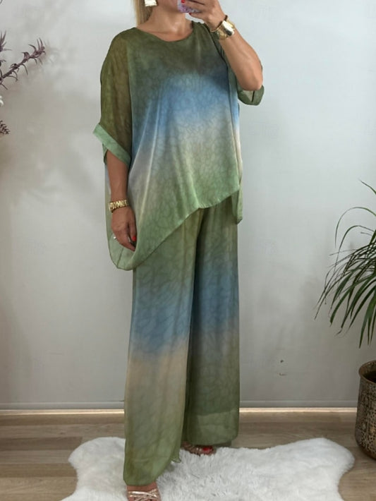 Women's Pants Sets 3/4 Length Sleeve Crew Neck Gradient