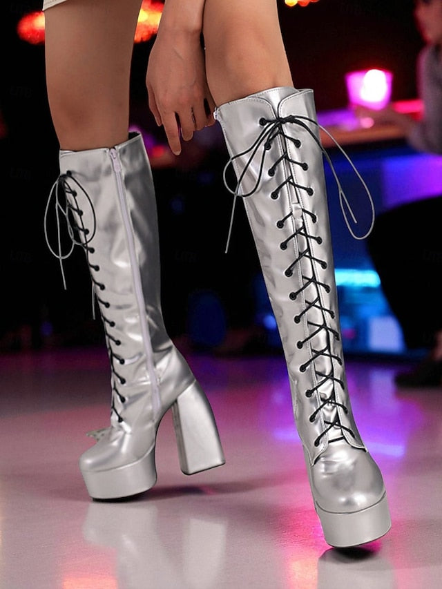 - Metallic Platform Knee High Women's Lace-Up Silver Boots