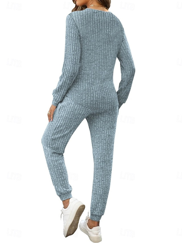 Women's Pants Sets Long Sleeve Crew Neck Solid Color