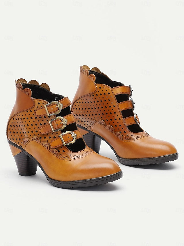 Strap Perforated Boots Brown - Ankle Vintage Women's Buckle