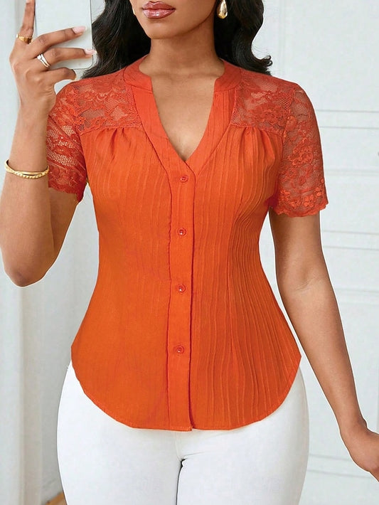 Women's T Shirt Tee Top Lace Patchwork Plain Elegant