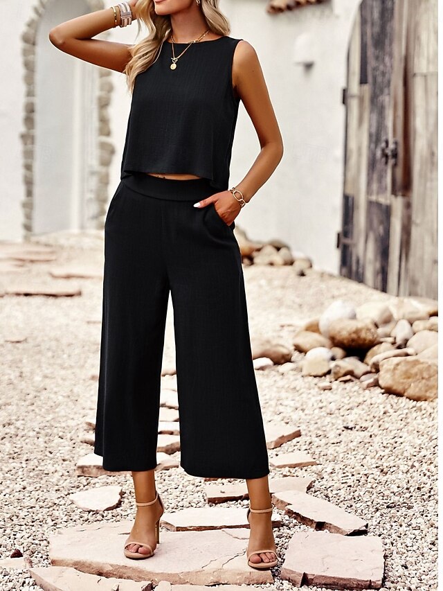 Women's Pants Sets Bolero Top Sleeveless Round Neck Solid