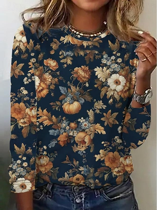 Women's T shirt Crew Neck Long Sleeve Tunic Casual Print