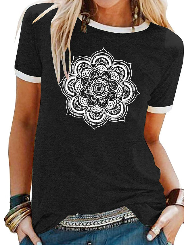 Women's T Shirt Patchwork Print Floral Graphic Mandala
