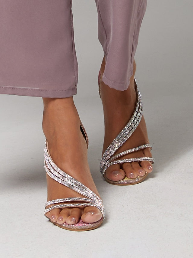 – High Strappy Rhinestone Sandals Women Crystal for Heel