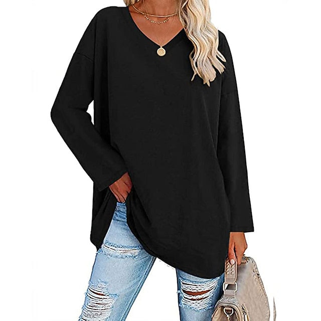 Women's T Shirt Plain Basic Long Sleeve V Neck Regular Tops
