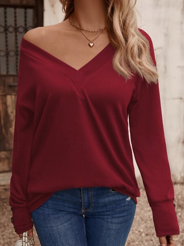 Women's T Shirt Tee Top Buttons Solid Color Fashion Stylish