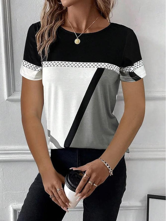 Women's T Shirt Print Color Block Fashion Short Sleeve