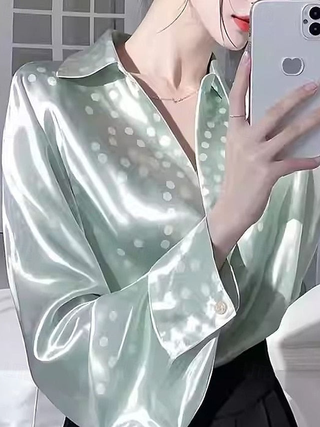 Women's Shirt Elegant Dressy Satin Top Buttons Polka Dot