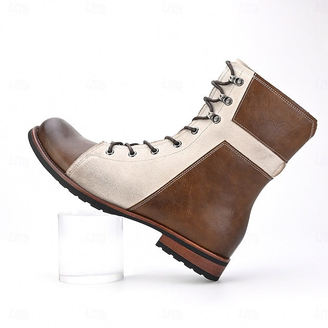 Faux Boots Leather Men's Lace-Up Two-Tone Vintage Mid-Calf