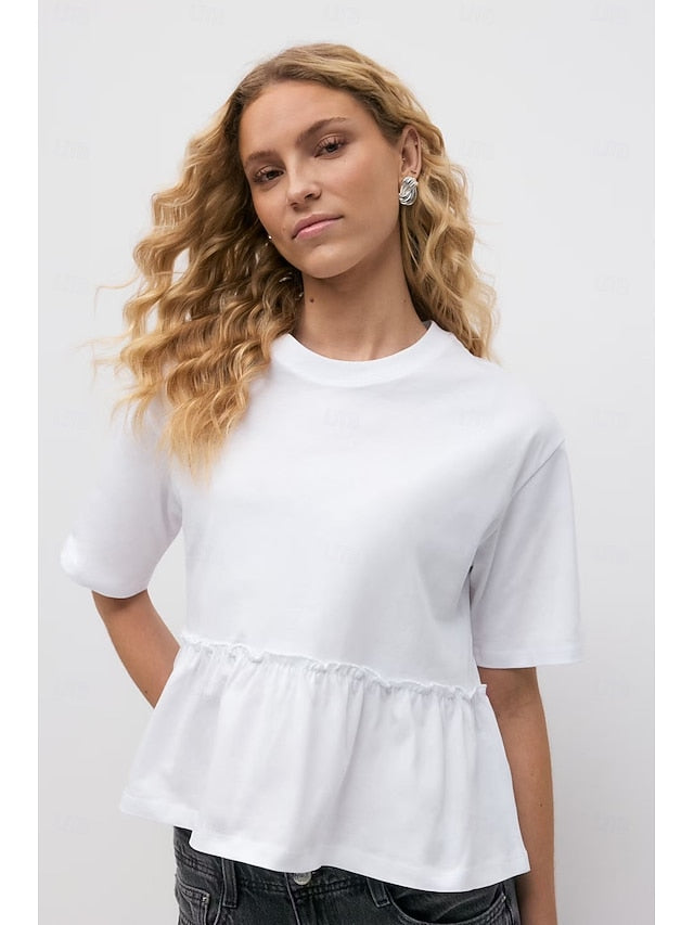 Women's Cotton Shirt Pleats Classic Casual Short Sleeve