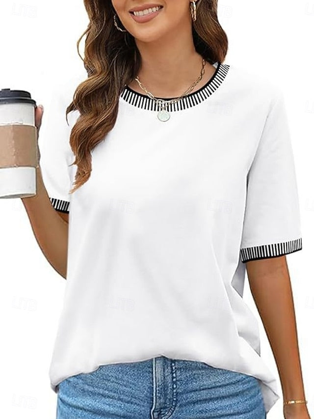 Women's T Shirt Tee Top Patchwork Striped Fashion Stylish