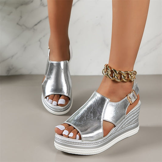 Metallic Women's Open-Toe Wedge with Sandals Buckle Silver