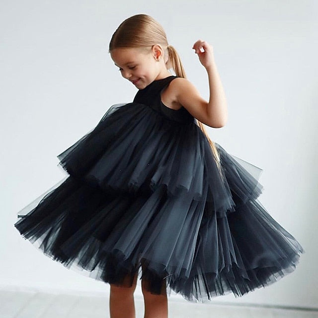 Wedding Mesh Girls' Sleeveless Dress Color Party Solid Kids