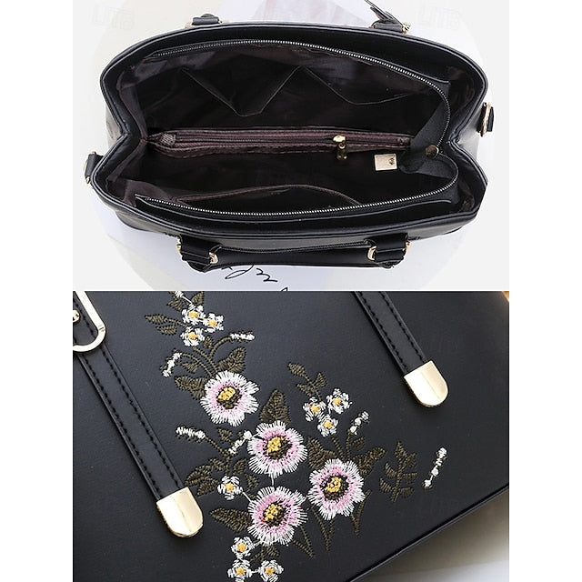 Faux Women's Handbag Embroidery Floral with Leather Green