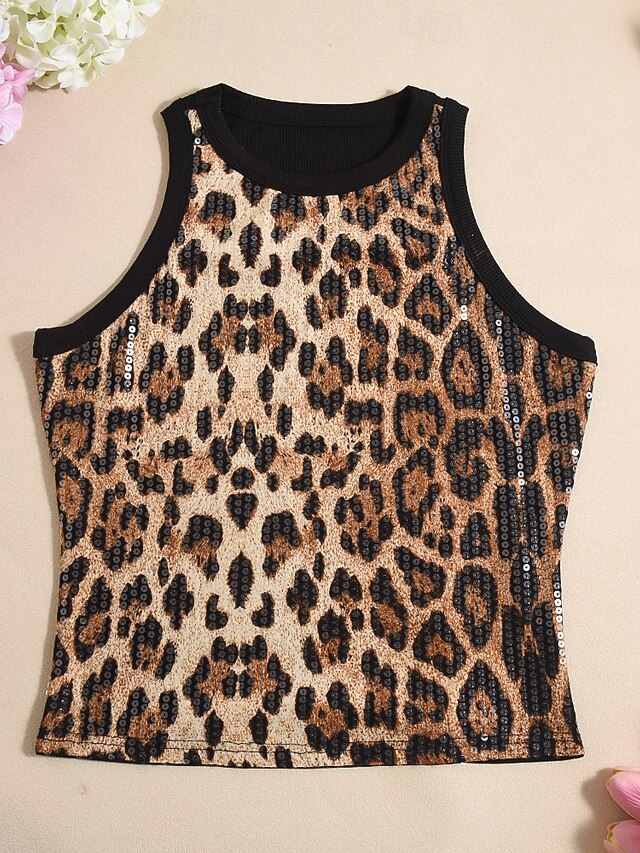 Women's Wrap Crop Top Sequins Leopard Stylish Casual