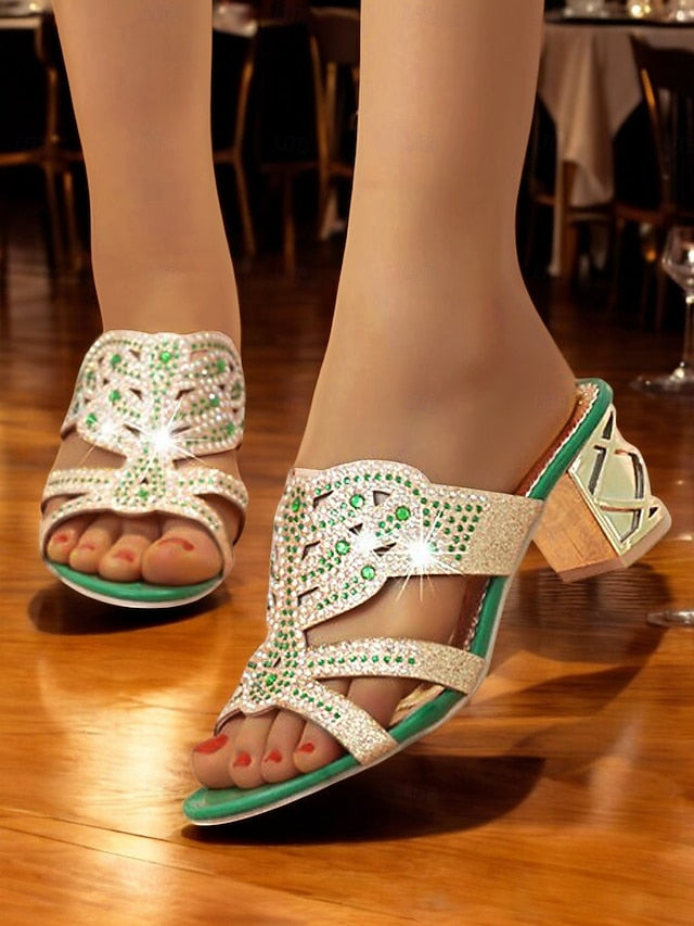 Rhinestone Embellished Heeled Gold and - Sandals Green
