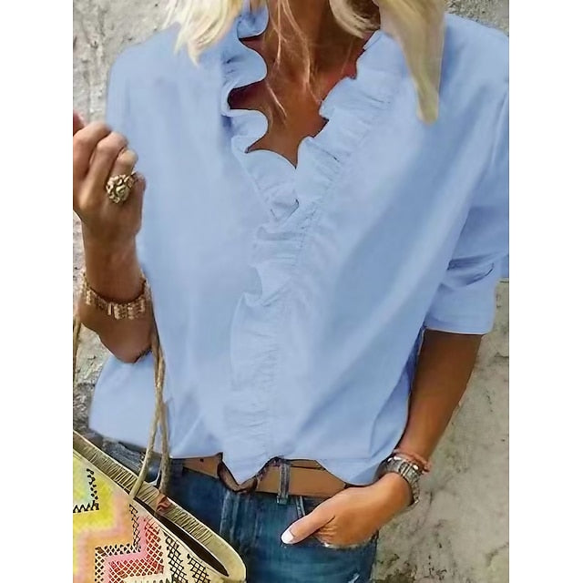 Women's Blouse Shirt V Neck Lettuce Trim Plain Modern V
