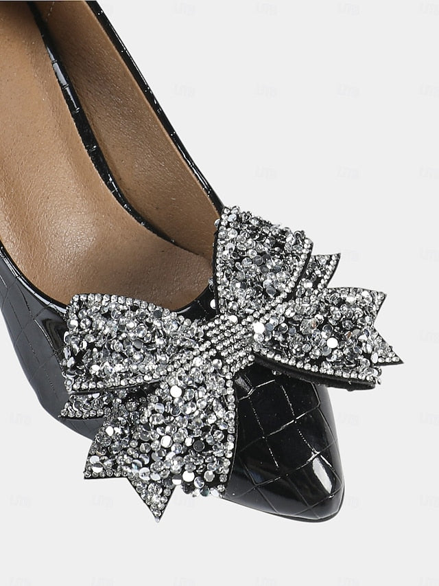 Black with Patent Women's Glitter Leather Wedge Bow Heels