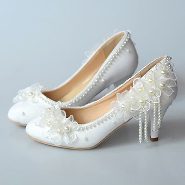 Women's White Lace Floral with Platform Wedding Heels