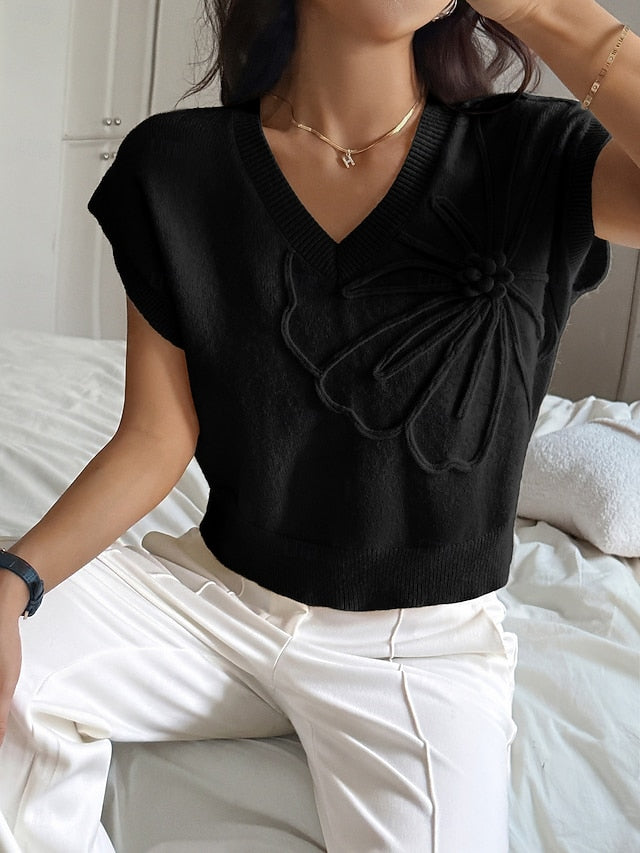Women's Y2K Knit Tee Elastic Waist 3D Appliques Solid Color