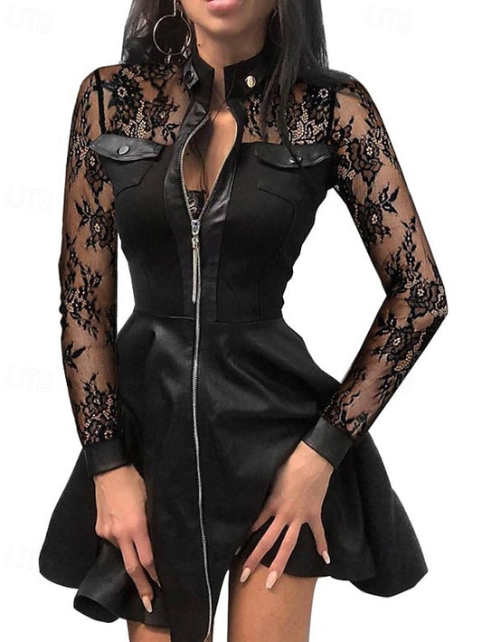Women's Mini Dress Black Dress Lace Dress Leather Dress