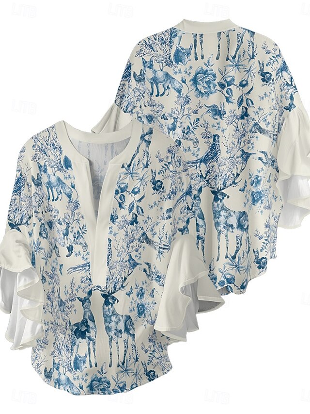 Women's Blouse Ruffle Print Floral Stylish Modern 3/4