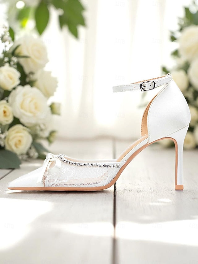 Satin Women's High White Heels Lace